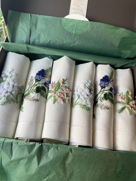 Buy Set of 6 Spring Blooms Hand Embroidered Reusable Napkins Online in India - Etsy Embroidery Napkins, Linen Dinner Napkins, Floral Napkins, Embroidered Napkins, Hand Embroidered Flowers, White Napkins, Embroidered Linen, Cloth Dinner Napkins, House Gifts