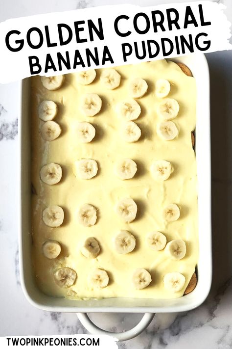 text that says golden corral banana pudding behind the text is an image of banana pudding in a dish Pappadeaux Banana Pudding Recipe, Golden Corral Banana Pudding Recipe, Allrecipes Banana Pudding, Home Made Bannan A Pudding, Rodney Scott’s Banana Pudding Recipe, Golden Corral, Copycat Starbucks Recipes, Starbucks Copycat, Copycat Restaurant Recipes