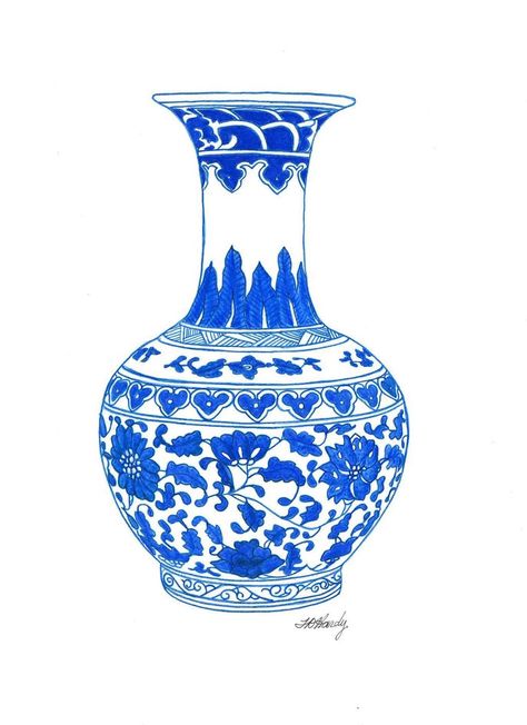 Chinese Vase Drawing, Blue Vase Painting, Blue And White Vase Painting, Blue Vase Tattoo, Chinese Vase Tattoo, Vase Art Drawing, Blue And White Prints, Ming Vase, Vase Drawing