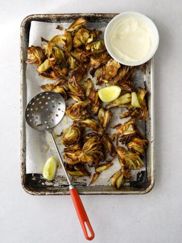 Crispy Artichoke Hearts, Craving California, Fried Artichokes, Fried Artichoke, Orange Sweet Potatoes, Lemon Aioli, Japanese Sweet Potato, Artichoke Recipes, Garlic Aioli