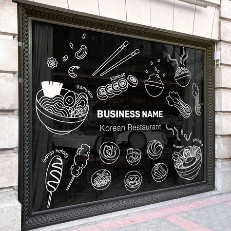 Transform your Korean restaurant with our custom vinyl decal! Perfect for both interior and exterior decor, this decal features detailed illustrations of popular Korean dishes like Ramyeon, Kimbap, and Bibimbap. Personalize your business logo and lettering to create a unique and inviting atmosphere for your customers. Our vinyl decals are easy to apply and durable, ensuring a long-lasting and professional look. Ideal for any Asian restaurant looking to enhance its ambiance and attract more cu... Restaurant Signage Design, Glass Sticker Design, Decal Business, Restaurant Signage, Logo Signage, Food Decor, Korean Restaurant, Asian Restaurants, Custom Vinyl Decal