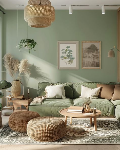 Gray Green White Living Room, Mint Green And Beige Living Room, Mid Century Modern Sage Green, Family Living Room Inspiration, Boho Green Living Room, Jade Green Living Room, Rustic Green Living Room, Elegant Boho Living Room, Sage Green Couch Living Room