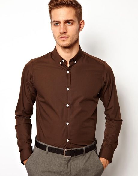 Smart Shirt with Button Down - Lyst Brown Dress Shirt Outfit, Dress Shirt Outfit Men, Brown Shirt Outfit, Dress Shirt Outfit, Autumn Shirt Outfit, Mens Brown Shirt, Dress Shirt Style, Dark Brown Dress, Shirt Outfit Men