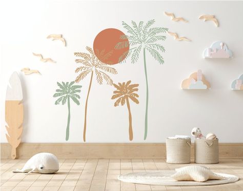 "Our decals are printed on a High Quality Matte Peel and Stick Material that has a strong adhesive that is also Removable. e465 If you do not find what you are looking for, send me a message for a custom design! :) This listing comes with 4 palm trees and sun. SIZE Tallest tree 50\" high x 24\" wide Smallest tree 30\" high x 15\" wide Sun 15\" x 15\" Everything else is in proportion.  The size and colors can be customized, just send a message with any custom requests. I can do any custom color besides just the colors on my color chart.  SHIPPING My orders ship in 2-3 days and if you need your decals sooner, send me a message for faster shipping." Wall Decal Amazon, Palm Tree Boys Room, Boho Tiki Decor, Palm Tree Bedroom, Palm Tree Nursery, Boho Beach Nursery, Tropical Baby Nursery, Woodland Mural, Palm Tree Sticker