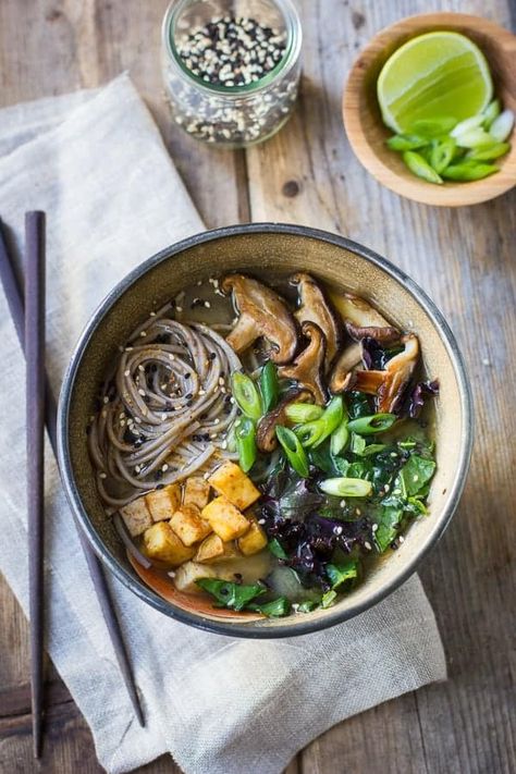 Miso and Soba Noodle Soup with Roasted Sriracha Tofu and Shiitake Mushrooms • The Bojon Gourmet Soba Noodle Soup, Soba Soup, Sriracha Tofu, Soba Noodles Soup, Bojon Gourmet, Soba Noodle, No Meat, Shiitake Mushrooms, Soba Noodles