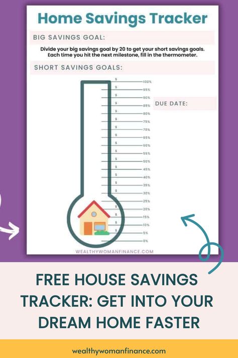 Home Savings Tracker with thermometer graphic to measure savings progress and space to write short savings goals and due date. House Saving Plan, Home Savings Plan, House Savings Plan, House Savings Tracker, House Savings, Savings Tracker Printable, Car Saving, Printable House, Saving Plan