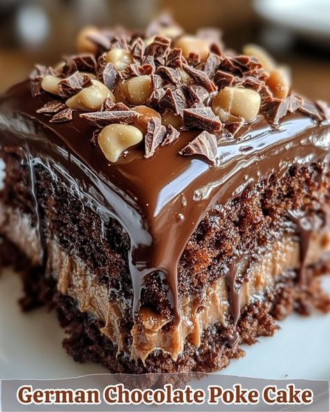 RecipesEpic Family | Mouth-watering German Chocolate Poke Cake | Facebook Kai Obsession, Sweetened Condensed Milk Caramel, German Chocolate Poke Cake, Condensed Milk Caramel, Coconut Cakes, Chocolate Poke Cake, Chocolate Chip Cheesecake, Cherry Desserts, Sheet Cake Recipes