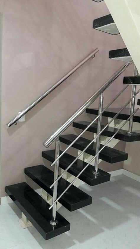 Stainless Stair Railing, Simple Handrails For Stairs, Steel Railing Design Stairways, Stainless Handrail, Steel Staircase Design, Staircase Glass Design, Stainless Steel Stair Railing, Steel Stairs Design, Safety Grill