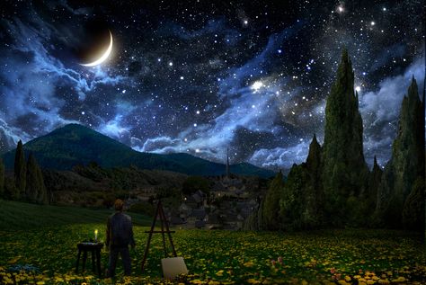 vincent van gogh the starry night crescent moon painters stars landscape #5K #wallpaper #hdwallpaper #desktop Starry Night Digital Art, Night Digital Art, Van Gogh Wallpaper, Starry Night Wallpaper, Wallpaper Night, Gogh The Starry Night, Boat Illustration, Wallpaper Seni, Starry Night Painting