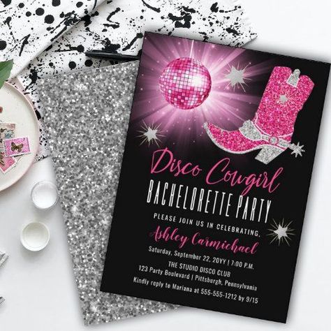 Pink Disco Cowgirl, Disco Cowgirl Bachelorette Party, Disco Cowgirl Bachelorette, Composite Design, Cowgirl Invitations, Cowgirl Bachelorette Party, Disco Mirror, Cowgirl Bachelorette Parties, Unicorn Poster