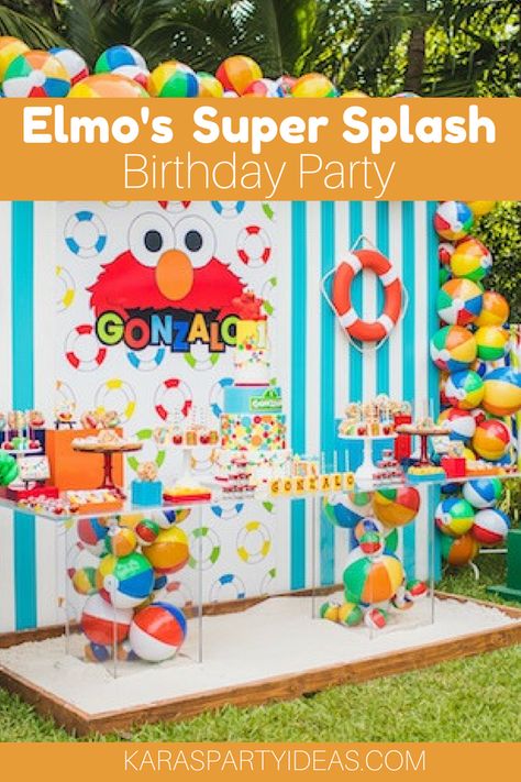 Sesame Street Pool Party Ideas, Elmos World Birthday Party Boy, Sesame Street Pool Party, Elmo Pool Party, Modern Elmo Birthday Party, Cheap Elmo Party Ideas, Elmo’s World Birthday Invitation, Sesame Street Birthday Party Ideas Boy, Sesame Street Birthday Cakes