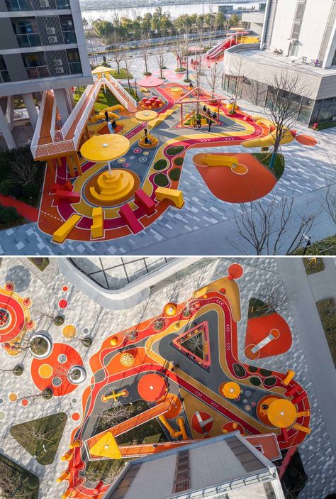 A modern and colorful landscaped park with slides, pathways, a merry-go-round, lounge seating, seesaw, shading structures, seating, swings, and an amphitheater. Abstract Playground, City Skylines Game, Modern Playground, Cool Playgrounds, Landscape Architecture Diagram, Urban Playground, Urban Landscape Design, Kindergarten Design, Park Design