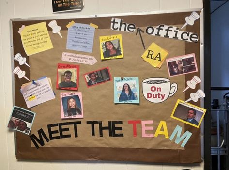 Our Ra office board to let our residents and campus safety know who the RA on duty is. There is also some additional information regarding the Office Of Residence Life and possible questions. #RA #reslife . The theme I was going for was the show “the office”. Also, graphics are made on canva! Meet The Team Bulletin Board Office, The Office Themed Bulletin Board, Ra Staff Bulletin Board, The Office Door Decs, The Office Ra Bulletin Boards, The Office Ra Board, Ra On Duty Board, The Office Bulletin Board, Welcome Ra Boards