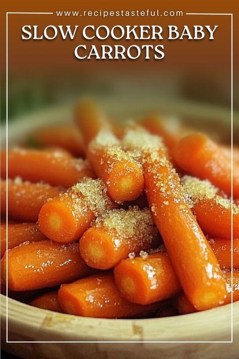 These Slow Cooker Baby Carrots with Honey and Brown Sugar are a sweet and savory side dish that requires minimal effort and delivers maximum flavor. The carrots are cooked to perfection with a sticky glaze made of honey, brown sugar, and cinnamon, creating a mouthwatering dish that’s perfect for any meal. Baby Carrot Crock Pot Recipe, Carrot In Crock Pot, Slow Cook Carrots, Crock Pot Carrots Brown Sugar, Crock Pot Candied Carrots, Sweet Carrots Crockpot, Honey Brown Sugar Carrots Crock Pot, Carmelized Carrots Crockpot, Carrot Brown Sugar Recipe