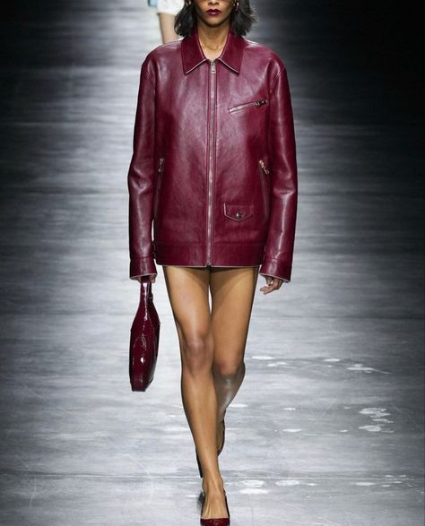 2023 Gucci, Gucci Leather Jacket, Red Runway, Gucci Spring, Red Leather Bag, Spring 2024, Cherry Red, Red Jacket, Milan Fashion Week