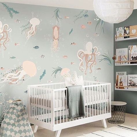 scandi ocean nursery with under the sea wallpaper mural in light steel blue and white #nurserydecor #nursery #nurseryideas #babynursery #oceannursery Ocean Baby Rooms, Hands Wallpaper, Nursery Ideas Boy, Custom Nursery Art, Ocean Themed Nursery, Kindergarten Wallpaper, Sea Nursery, Ocean Room, Baby Room Themes