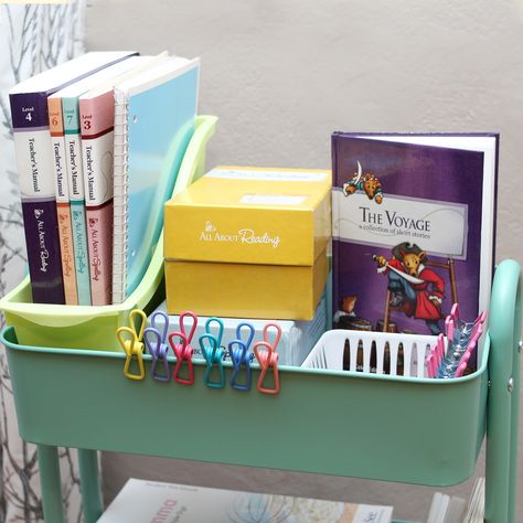 Homeschool Cart Organize, Trolley Organisation, Rolling Cart Organization, Teacher Rolling Cart, Raskog Cart, Homeschool Materials, Kindergarten Organization, Teacher Career, 2023 School