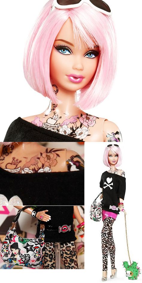 love the pink hair on this hip barbie... cool!! Barbie Mala, Tattooed Barbie Doll, Pop Culture Barbie Dolls, Barbie Doll Art Creepy, Barbie Tattoo, Pink Hair Barbie Doll, Fantasy Barbie Dolls, Bad Barbie, Im A Barbie Girl