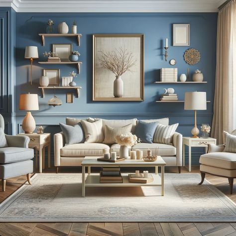 blue walls and beige furniture Blue Living Room Walls, Blue Wall Decor Living Room, Blue Accent Wall Living Room, Blue Paint Living Room, Beige Furniture, Blue And Green Living Room, Picture Wall Living Room, Brown And Blue Living Room, Blue Walls Living Room