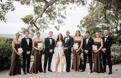 Brown And Black Bridesmaid Dresses, Brown Wedding Colors Groomsmen, Brown Bridesmaid Dresses And Groomsmen, Espresso Bridesmaid Dress, Classy Bridal Party Colors, Black Brown White Wedding, Bronze Bridesmaid Dresses With Groomsmen, Brown And Black Wedding Colors, Mismatched Brown Bridesmaid Dresses