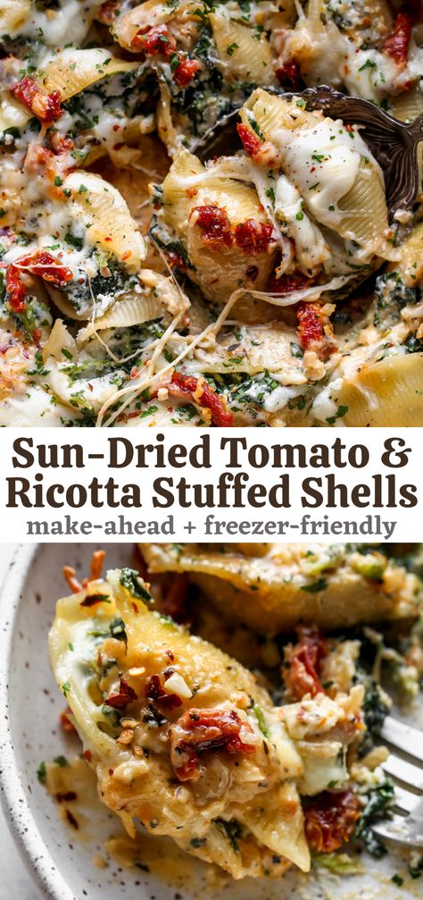 Creamy Sun-Dried Tomato and Ricotta Stuffed Shells with spinach and mozzarella create a restaurant-worthy dinner. Impressive enough for entertaining, and make-ahead friendly. via @https://www.pinterest.com/jamievespa/ Italian Food For A Crowd Main Dishes, Fall Winter Lunch Ideas, Sundried Tomato Stuffed Shells, Vegetarian Friendly Dinners, Good Vegetarian Recipes Dinners, Hot Weather Recipes Dinner, Summer Family Recipes Dinner, Fall Weather Dinner Ideas, Dinner Ideas Impressive