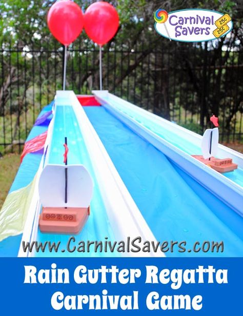 Rain Gutter Boat Races - fun carnival game for school carnivals, church carnivals and outdoor fun for kids! Diy Carnival Booth, Applefest Ideas, Carnival Booth Ideas, Carnival Games For Adults, Carnival Games Ideas, Indoor Carnival, Rain Gutter Regatta, Circus Week, School Carnival Games