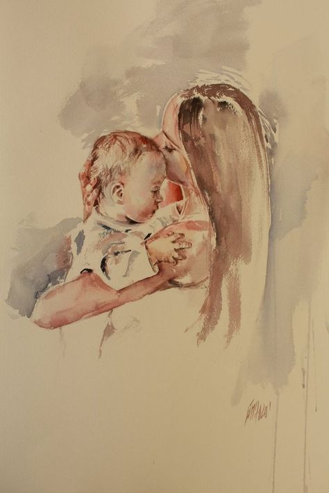 Portrait Sketch Ideas, Mother And Child Drawing, Motherhood Art, Couple With Baby, Easy Girl, Watercolor Portrait Painting, Baby Art Projects, Beauty Culture, Girl Painting