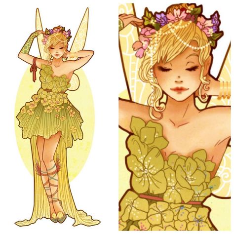 One of my more popular redesigns!!! The sassiest pixie #tinkerbell #tink #peterpan #cosplay #costume #cosplayer #artnouveau #fairy #flowercrown #fairywings #pixie #illustration #art #fanart #fanartfriday Tinkerbell Redesign, Pixie Illustration, Hannah Alexander Artwork, Hannah Alexander, Green Illustration, Disney Fanart, Pixie Hollow, Art Fanart, Art Disney