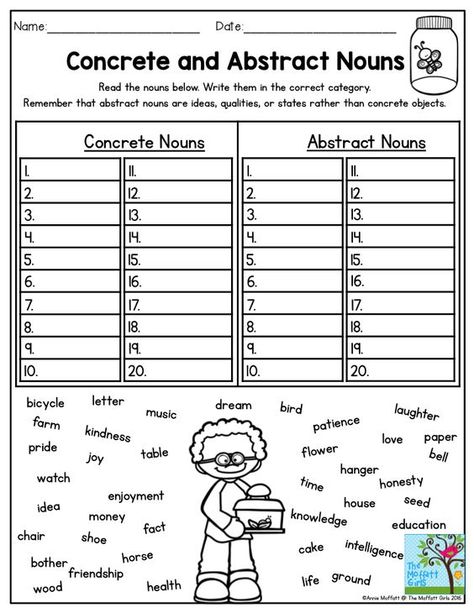 Concrete and Abstract Nouns- Read the nouns and decide whether they are… Abstract Nouns Worksheet, Collective Nouns Worksheet, Nouns Exercises, Concrete And Abstract Nouns, Nouns Lesson, Concrete Nouns, Abstract Nouns, Summer Review, Worksheets For Grade 3