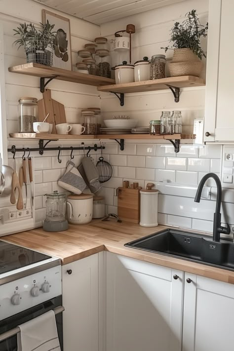 40 Tiny Cottage Kitchen Ideas: Small Space, Big Style - Quiet Minimal Kitchen Design No Windows, Cottage Aesthetic Kitchen, Small Kitchen Farmhouse Style, Very Small Kitchen Ideas Tiny Houses, Small Long Kitchen, Small Kitchen Rustic, Micro Kitchen Ideas, Small Kitchen Ideas Rustic, Small Kitchen Aesthetic