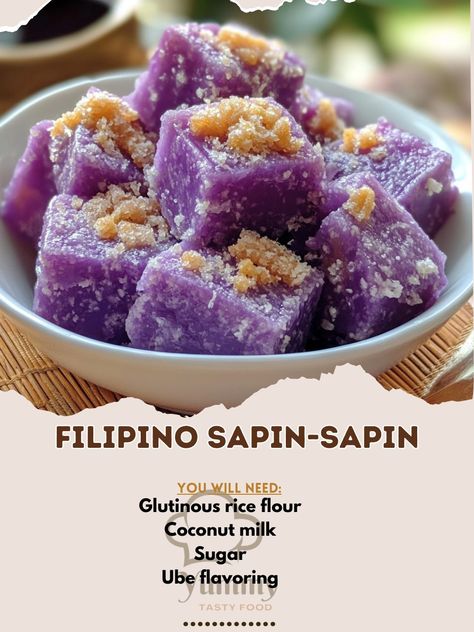 🍮 Discover the vibrant layers of Filipino Sapin-Sapin—a colorful delight that melts in your mouth! 🌈✨ #SapinSapin #FilipinoDesserts Filipino Sapin-Sapin Ingredients: Glutinous rice flour (2 cups) Coconut milk (2 cups) Sugar (1 1/4 cups) Ube flavoring (1 tsp) Pandan flavoring (1 tsp) Langka (jackfruit) flavoring (1 tsp) Latik (coconut curds, for topping) Instructions: In a bowl, combine glutinous rice flour, coconut milk, and sugar. Mix well until smooth. Divide the mixture into three port... Cozy Fall Recipes, Milk And Sugar, Colorful Desserts, Glutinous Rice Flour, Filipino Desserts, Festive Drinks, Glutinous Rice, Food Dessert, Hearty Soups