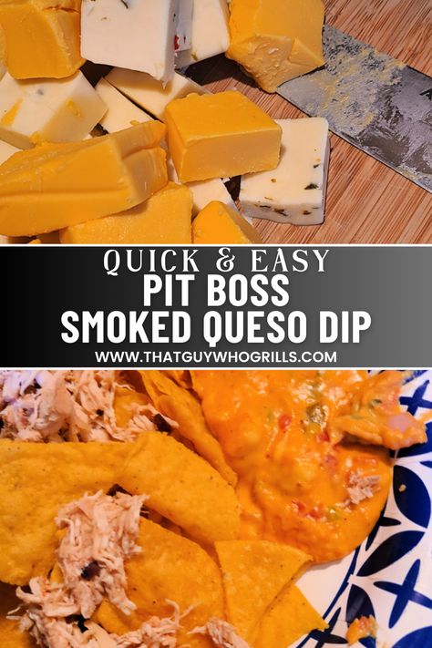 This Pit Boss Smoked Queso Dip Recipe is perfect for Taco Tuesday, Super Bowl, Cinco De Mayo, tailgating, or Nacho night! Use Velveeta cheese, pepper jack, Rotel, cheddar cheese, chorizo, jalapeno, and other add-ins!! This turns out creamy and full of flavor for an amazing appetizer.  Add more spices to turn the flavor or up or tone it down if you want. Pin this to your Smoker Recipes Pinterest board for later. Smoked Queso Dip With Chorizo, Smoker Queso Dip, Smoked Queso Dip On Smoker, Smoked Cheese Dip, Queso Dip Easy, Nacho Night, Smoked Queso Dip, Velveeta Cheese Dip, Smoked Queso