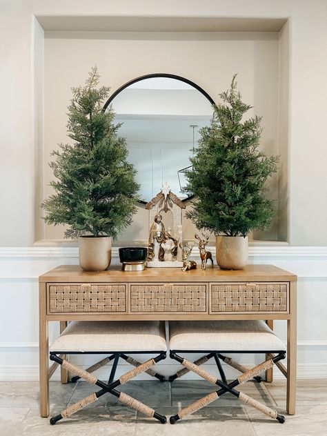 Entryway table decorated for Christmas Entryway Table Nativity Scene, Entry Way Table Christmas Decor, Christmas Buffet Table Decor, Christmas Console Table Decor, Christmas Entryway Table, Christmas Entryway Table Decor, Holiday Entryway Decor, Christmas Buffet Table, Poinsettia Centerpiece