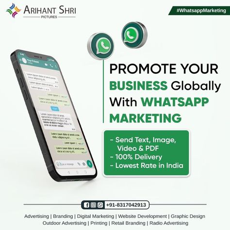 Now it's time to expand your business across the country with whatshapp marketing👈😊 . . 📲+91-8317042913,+91-9839075679 #DigitalMarketing #Branding #Promotions #Printing #InternetMarketing #SMO #SocialMediaMarketing #youtubemarketing #facebookmarketing #instagrammarketing #websites #ArihantShri #WhatsAppMarketing Whatsapp Marketing Creative Ads, Instagram Branding Design, Whatsapp Marketing, Recruitment Services, Send Text, Tv Advertising, Ads Design, Instagram Branding, Sms Marketing