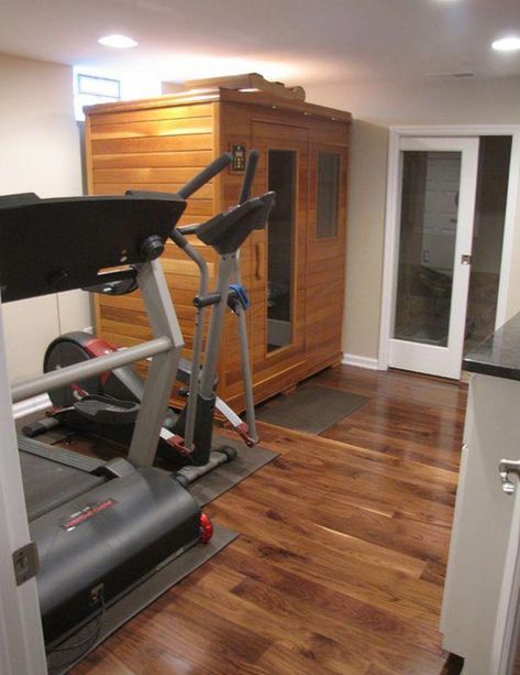 thinking of making attic into upstairs combo of gym/sauna on one side and game room for kids on other side! Let's throw out the junk and make use of the space! #basementroom Home Gym Sauna, Motel Ideas, Home Gyms Ideas Garage, Basement Sauna, Basement Home Gym, Basement Gym Ideas, Gym Sauna, Tanning Beds, Indoor Sauna