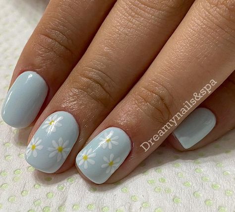 Blue With White Flower Nails, Light Blue Daisy Nails, Nails For Confirmation, Blue Nails With Daisies, Forget Me Not Nails, Confirmation Nails, Wild Flower Nails, Cornflower Blue Nails, Luminary Nails