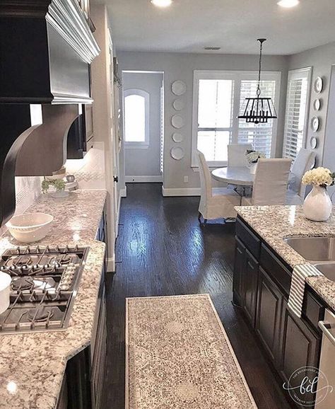 Grey Walls Brown Cabinets, Matching Cabinets, Tan Decor, Espresso Kitchen Cabinets, Espresso Kitchen, Brown Granite, Brown Cabinets, Brown Kitchen, Dark Kitchen