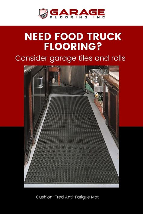 For your business on wheels, consider garage tiles and rolls as your new food truck flooring. 🌯 Get your truck started with durable, yet eye-catching flooring. Discover the possibilities with our list of the best food truck flooring options! #foodtruck #garageflooring #foodtruckflooring #FoodtruckLife #foodtruckfestival #foodtrucknation #foodtruckbound #foodtruckfood Food Truck Flooring, Garage Tiles, Garage Inspiration, Garage Tile, Sheet Vinyl Flooring, Best Food Trucks, Food Truck Festival, Garage Flooring, Sweep The Floor