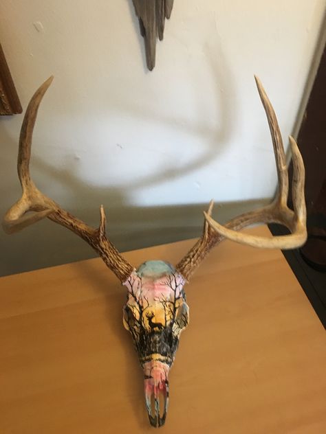 Hand painted deer skull. Euro-mount. European Mount Painted, Painted European Deer Mount, Hand Painted Deer Skull, Painted Deer Skulls Ideas, Deer Skull Painting, Painting Skulls, Painted Deer Skull, Deer Skull Tattoo, Painted Deer Antlers