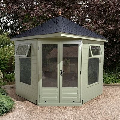 Summer House Interiors, Corner Sheds, Cedar Shingle Roof, Corner Summer House, Shingle House, Cedar Roof, Summer House Garden, Tile Roof, Summer Houses