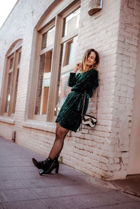 Dressy Winter Dress, Green Velvet Dress Styling, Green Dress Holiday Outfit, Green Winter Dress Outfit, Green Velvet Dress Outfit Winter, Velvet Dress And Boots, How To Style A Black Velvet Dress, How To Style Velvet Dress, Green Dress Christmas Outfit