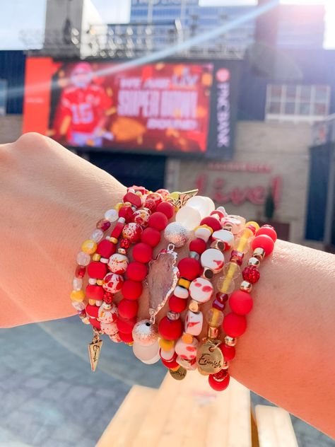 #KCCHIEFS #Red&Yellow #bracelets #stackyourstyle #erimish Kc Chiefs Bracelet, Kansas City Chiefs Bracelets, Cheifs Superbowl Outfit, Kansas City Chiefs Aesthetic, Chiefs Aesthetic, Kc Chiefs Jewelry, Chiefs Bracelet, Kansas City Chiefs Jewelry, Kansas City Chiefs Craft