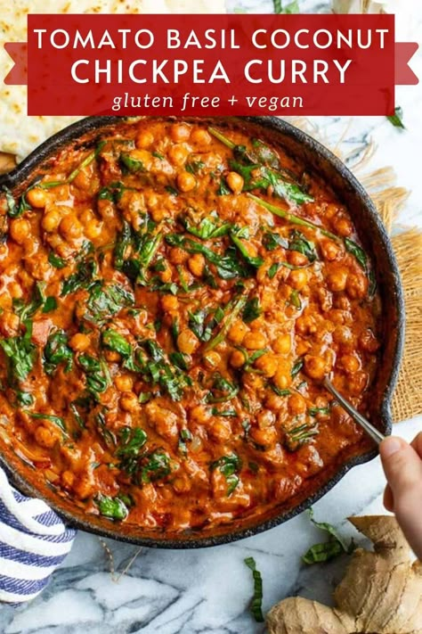 One pot, 30 minute Tomato Basil Coconut Chickpea Curry - sautéed onions, garlic and gingered stewed in crushed tomatoes, coconut milk and a few herbs and spices make for a simple yet satisfying and delicious meal you can make without too much fuss! Gluten Free + Vegan Chickpea Tomato Curry, Vegan Tomato Recipes, Food Impromptu, Saucy Food, Coconut Chickpea Curry, Coconut Chickpea, Sautéed Onions, Chickpea Coconut Curry, Tomato Curry