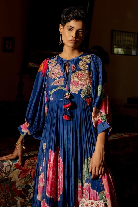 Buy Paulmi and Harsh Blue Crepe Blooming Floral Pattern Dress Online | Aza Fashions Paulmi And Harsh, Big Floral, Floral Pattern Dress, Pattern Dress Women, Linen Shirt Dress, Stylish Dresses For Girls, Cowrie Shell, Draped Dress, Maxi Dress Blue