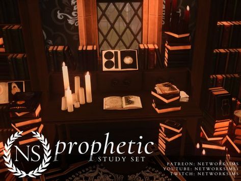 Sims 4 CC object set - dark academia study with desk, candles, books and bookshelves. Free and public on Patreon. Sims 4 Dark Academia, Dark Academia Study, Academia Study, Fantasy Play, Desk Stool, Dark Academia Clothes, Dark Acadamia, Sims 4 Clutter, Bookcase Desk