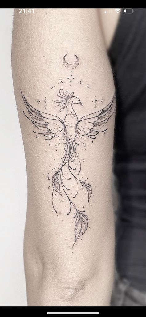 Hip Phoenix Tattoos Women, Fineline Pheonix Tattoo, Ethereal Phoenix Tattoo, Phoenix Tattoo Dainty, Pheonix Tattoo Delicate, Sun Moon Phoenix Tattoo, Power Of 3 Tattoo, Linework Phoenix Tattoo, Tattoo Pheonix Women