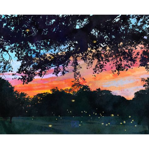 Lakeside Drive Sunset Watercolor Illustration Fireflies at - Etsy Firefly Watercolor, Firefly Painting, Sunset Watercolor, Firefly Art, Colorful Sunset, Evening Sunset, Watercolor Sunset, Bee Art, Sunset Landscape