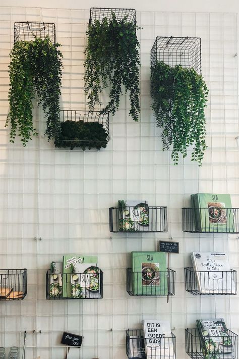 Aesthetic Wall Grid Ideas, Wire Basket Decor Ideas, Metal Wall Grid, Retro Room Ideas, Green Baskets, Plant Decor Indoor, Teen Room Decor, Shop Interiors, Room Inspiration Bedroom