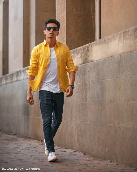 Yellow Shirt Outfit Men, Yellow Shirt Outfit, Adidas Jeans, Italian Mens Fashion, Male Portrait Poses, Shirt Outfit Men, Minimalist Fashion Men, Fashion Indian, Indian Men Fashion