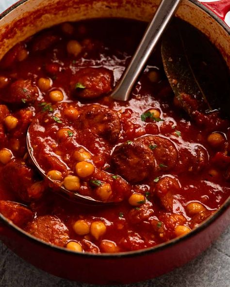 Chorizo Stew Recipes, Chorizo And Beans, Chorizo Bean Stew, Chicken Chorizo Stew, Chickpea Chorizo, Beans With Chorizo, Chorizo And Chickpea Stew, Chorizo Stew, Sausage Stew